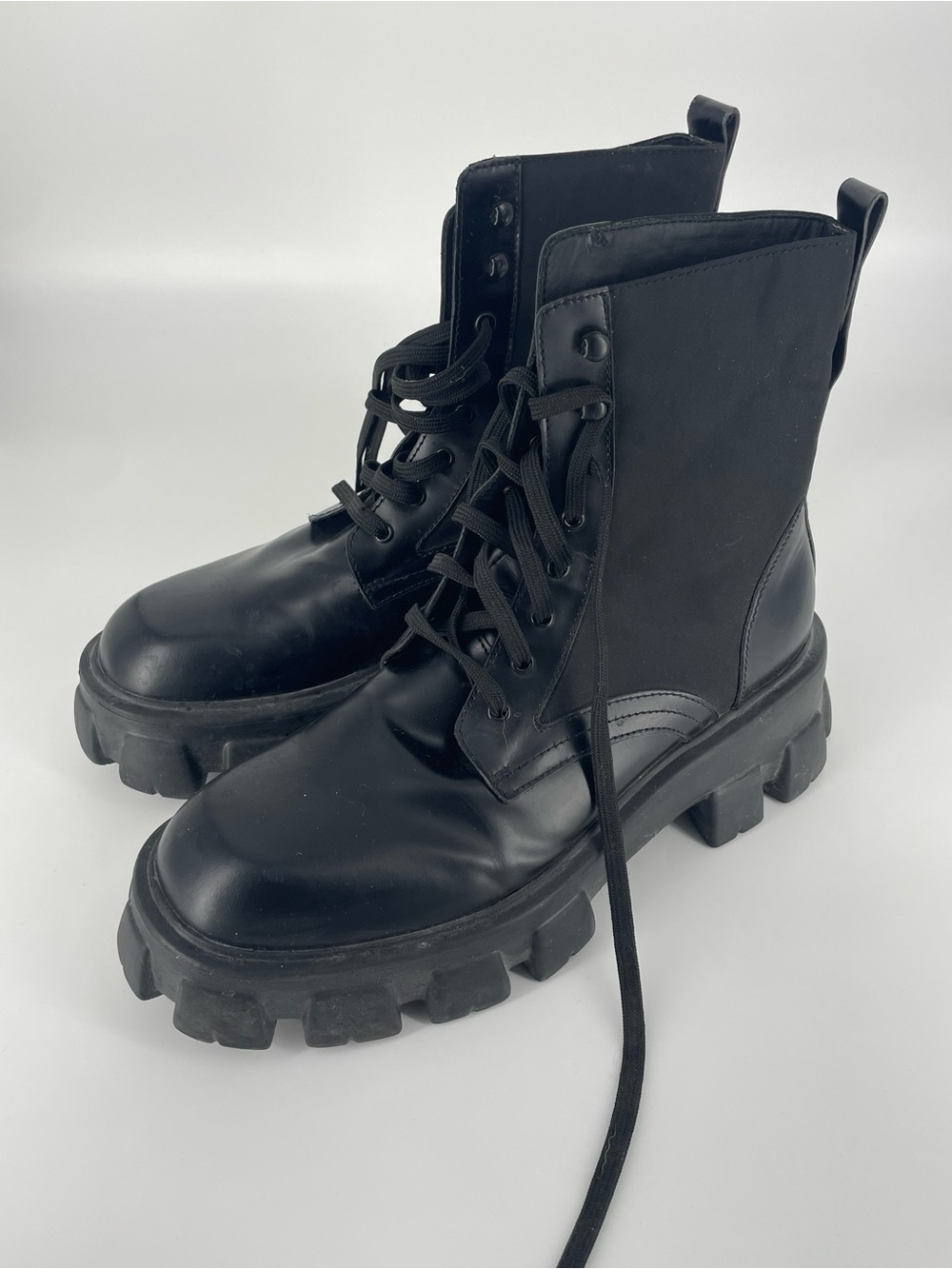 Prada Monolith Leather & Re-Nylon Combat Boots — Size 10.5